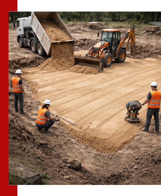 Устройство песчаной подушки для фундаментов и дорог в Перми